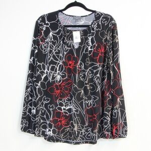 The Limited Black Multicolor Outline Floral Long Elastic Sleeve Blouse NWT